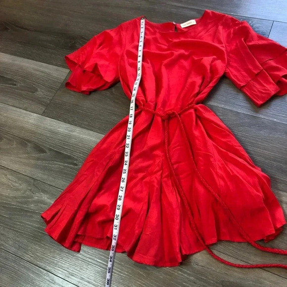 The Nines Red Flowy Mini Dress Tie Waist Bell Sleeves Womens Size Large - Picture 10 of 11